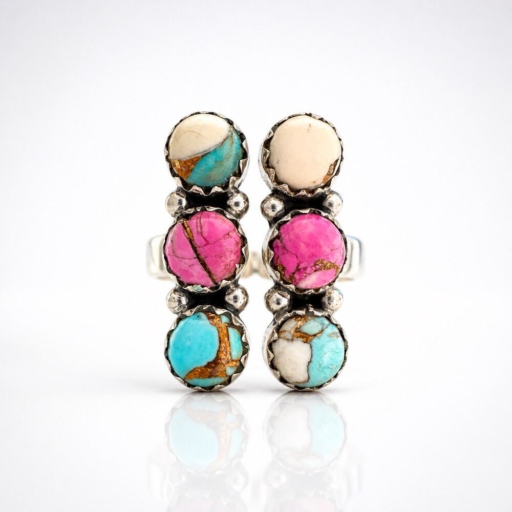 Cotton Candy Turquoise Cluster Rectangle  Ring Size 8 Adjustable Sterling